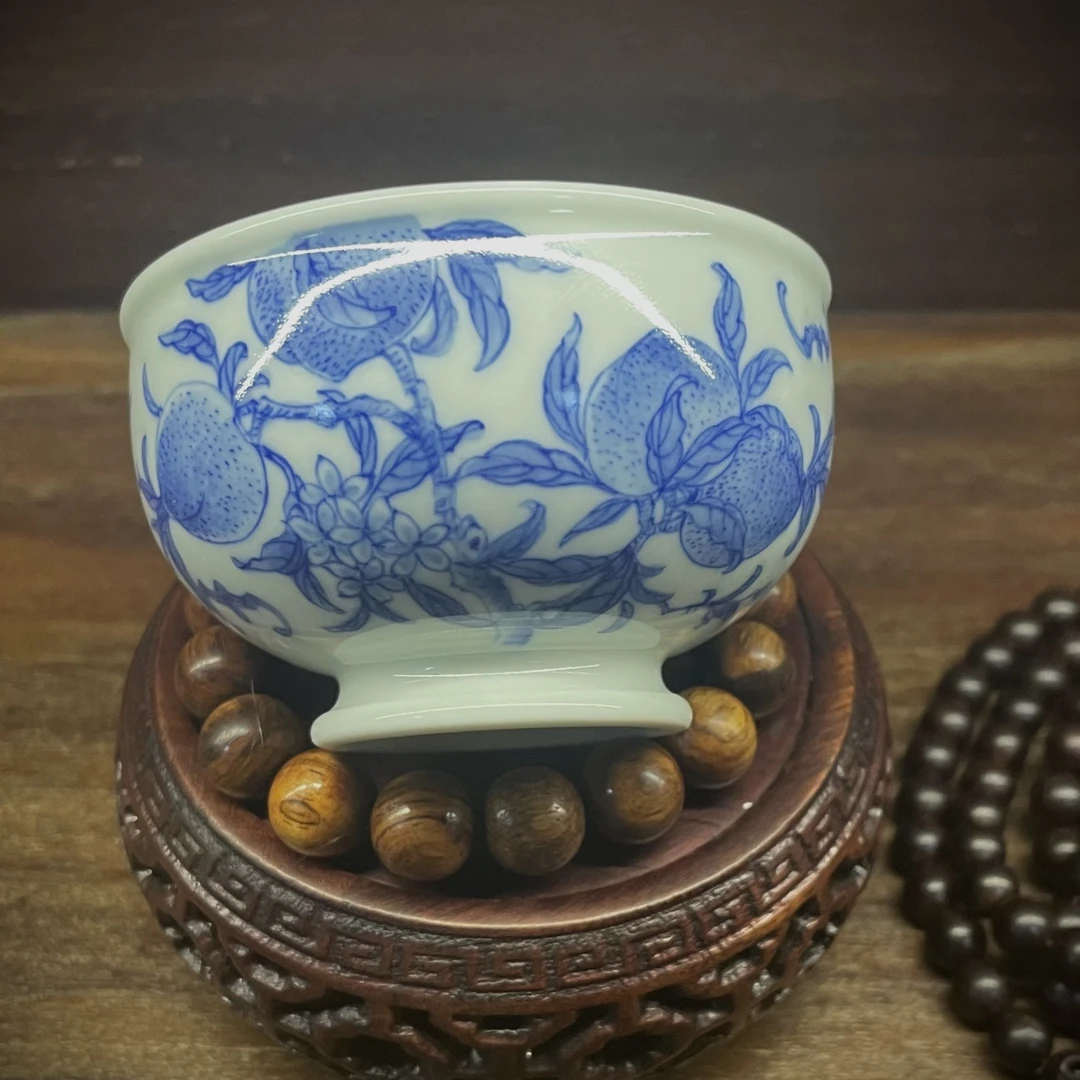 纯手工手绘青花点工寿桃炉式杯主人杯罗汉杯景德镇陶瓷主人品茗杯