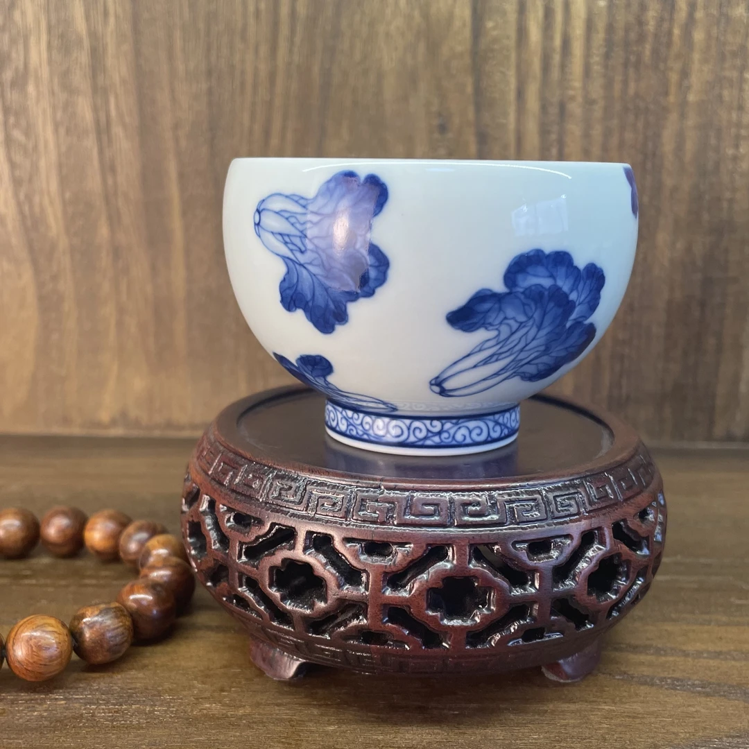 青花纯手工手绘百财禅定杯白菜主人杯罗汉杯景德镇陶瓷