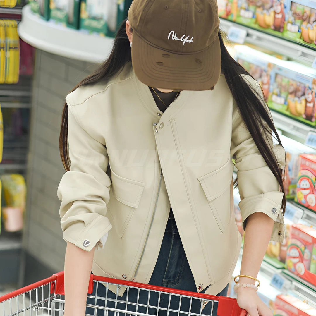 立领短款女士时尚皮夹克工装休闲百搭机车皮外套显瘦秋季新款002