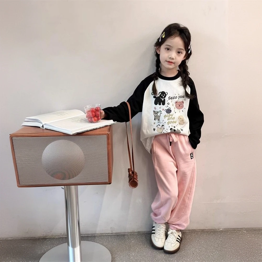 儿童T恤秋冬季新款童装女童韩版洋气拼色长袖上衣中小童体恤