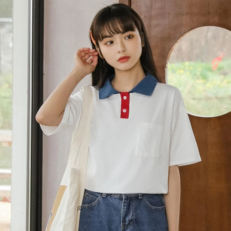 帛卡琪23新款设计感撞色polo短袖T恤宽松港风少女韩版半袖上衣潮