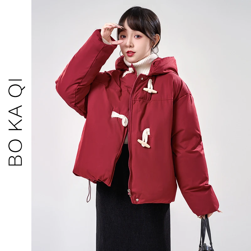 帛卡琪2024春秋新款圣诞连帽牛角扣棉服外套女红色加厚保暖面包服