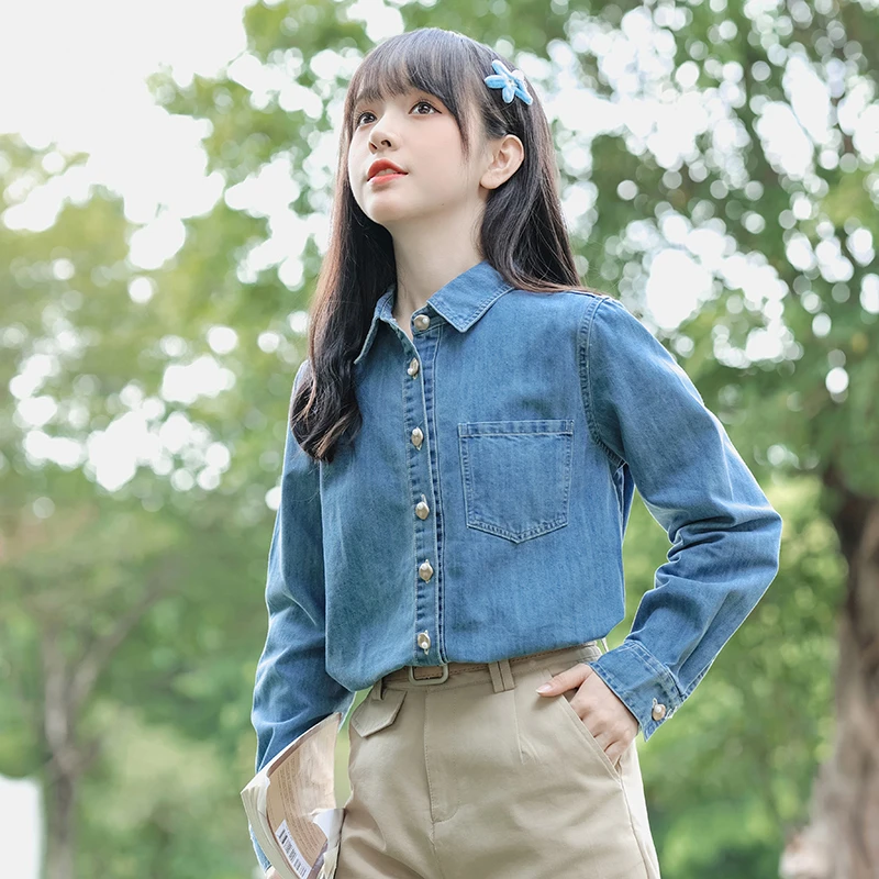 帛卡琪2024春秋新款港味蓝色牛仔长袖衬衫女宽松复古学生休闲衬衣