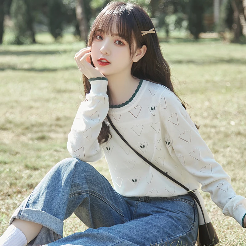 帛卡琪2024春秋新款木耳边爱心镂空针织衫女宽松毛衣学生长袖上衣