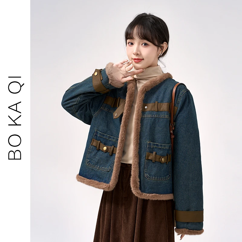 帛卡琪2023秋冬新款拼接牛仔毛绒短款外套女复古毛边派克服上衣潮