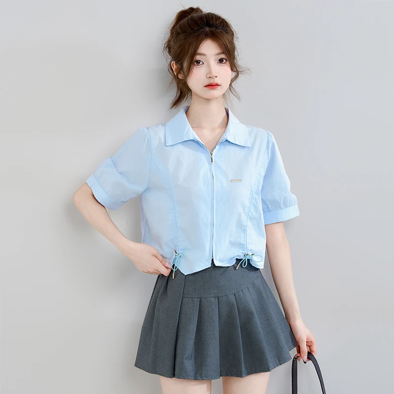 2024夏季新款蓝色polo领泡泡袖衬衫女宽松抽绳拉链小众短袖上衣