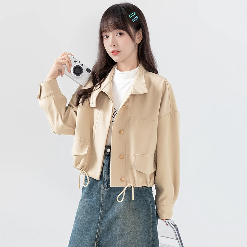 「清仓」2025春秋新款宽松翻领抽绳短款外套女学生复古休闲夹克上衣