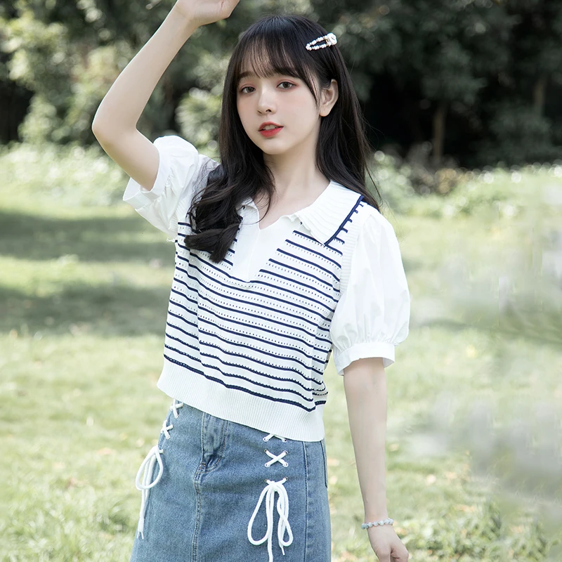 帛卡琪2025新款polo衫条纹短袖t恤女假两件短款泡泡袖冰丝短袖夏