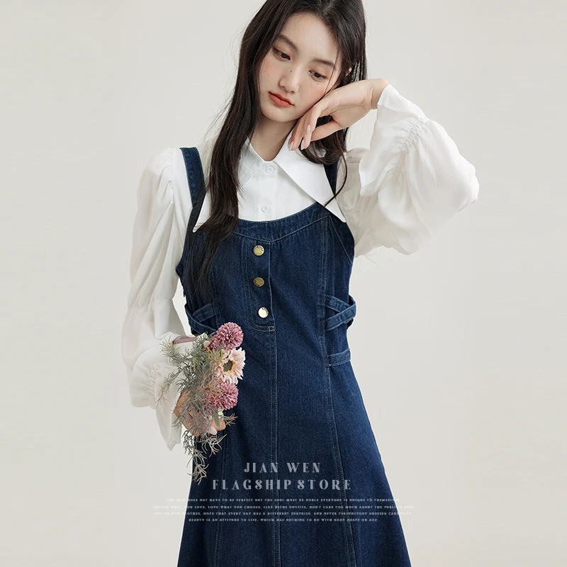 2025春秋新款复古吊带牛仔收腰连衣裙女显瘦百搭气质小个子穿搭女