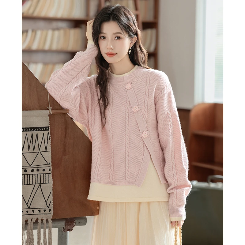 帛卡琪2025秋季新款假两件立体勾花针织衫女设计感多巴胺穿搭毛衣