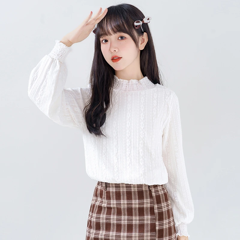 帛卡琪2024春秋新款半高领木耳蕾丝衬衫女宽松纯色减龄打底衫衬衣
