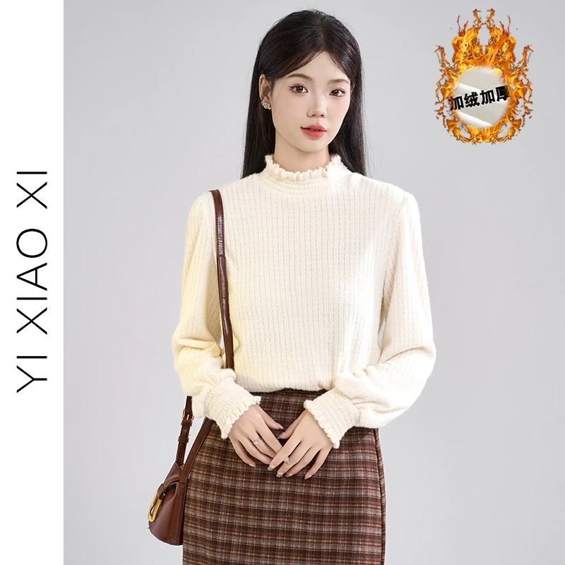 帛卡琪2024冬季半高领加绒加厚针织衫女木耳边保暖内搭套头毛衣新
