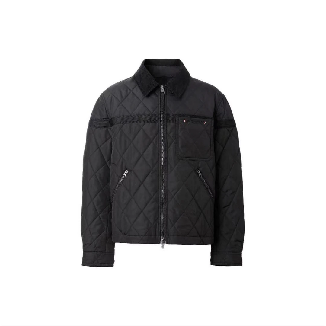 全新未使用 BURBERRY/博柏利 黑色菱形胸前口袋字母翻领夹克棉服