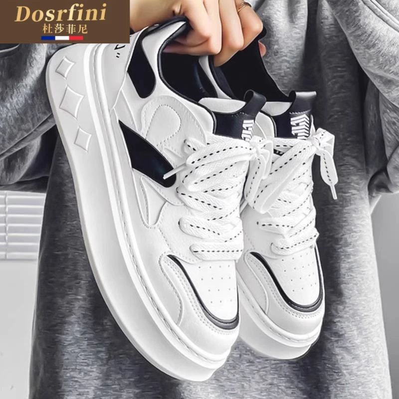 高档轻奢小白鞋男夏季透气皮面厚底白色板鞋青少年韩版百搭休闲运