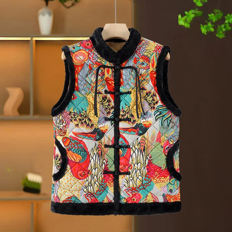 妈妈装复古盘扣马甲外套东北大花中老年女装坎肩加绒唐装马夹坎肩