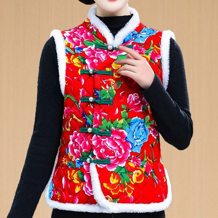 新款冬季白毛边加绒加厚中老年网红款小花坎肩时尚东北大花马甲