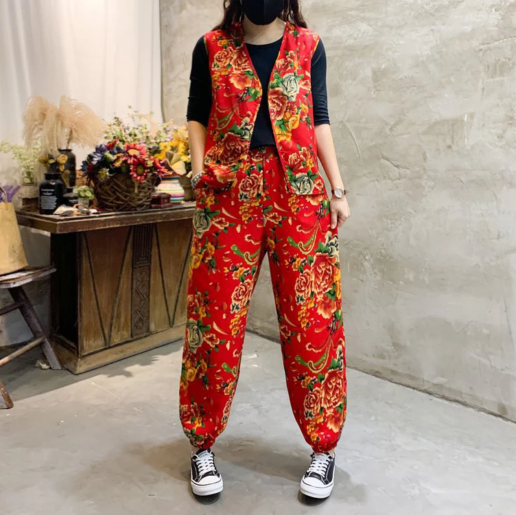 二奶奶卖蒸馍同款舞蹈服东北大花布马甲灯笼裤表演服装