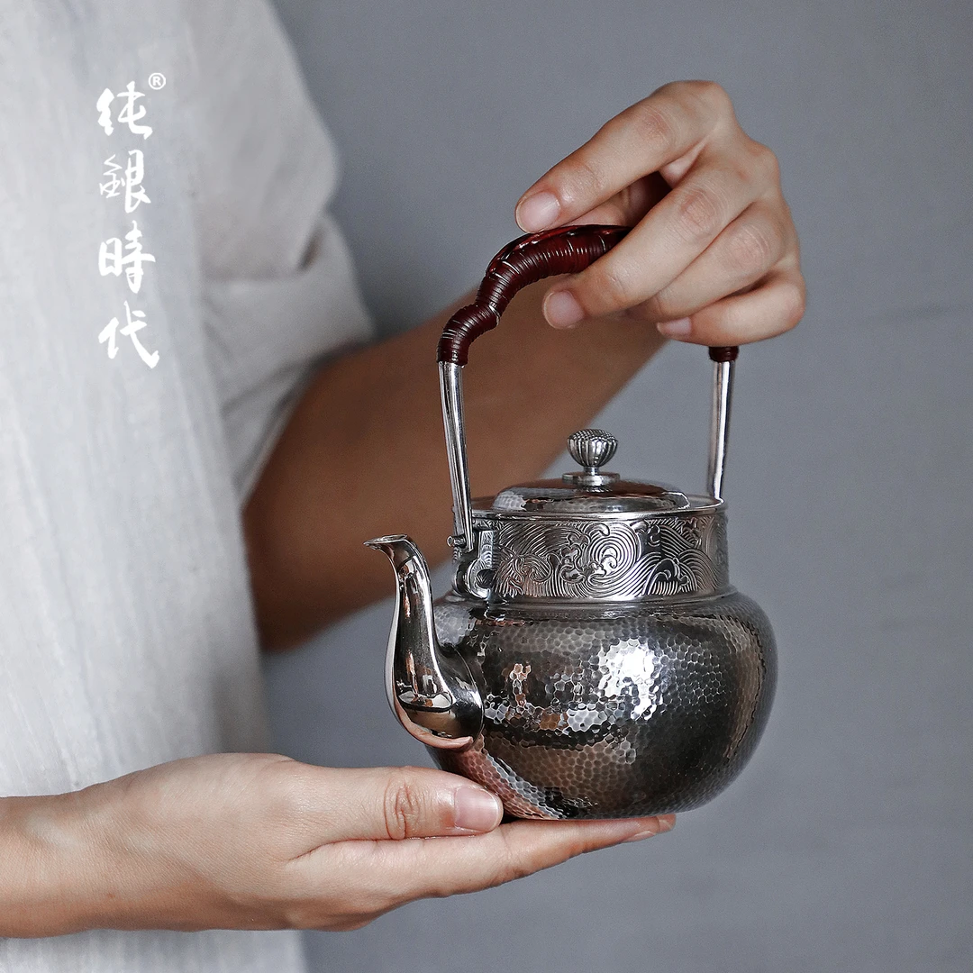 日式提梁泡茶壶足银999錾刻海浪纹烧水茶炉煮茶壶380ml手工茶壶