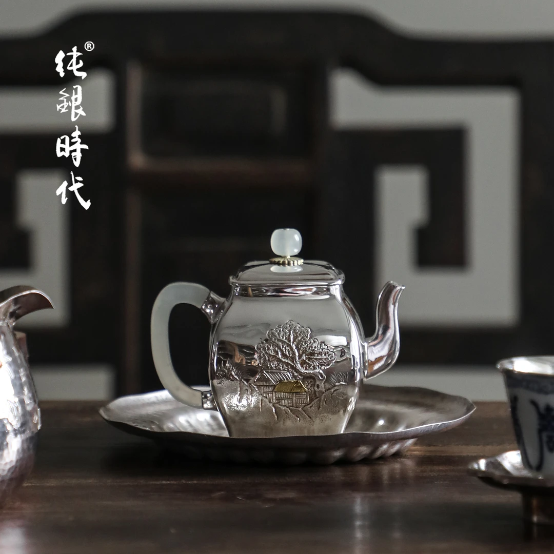 纯银时代 四方錾刻山水烧水壶足银999纯手工玉把独特精美器190ml