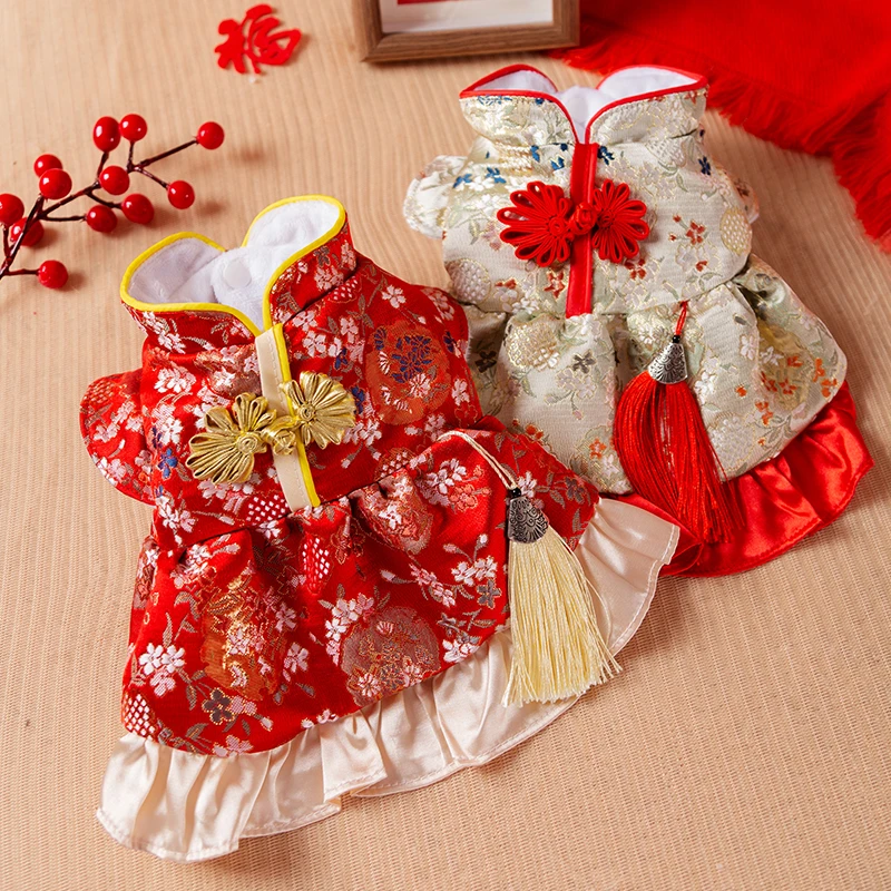 [达人]秋冬季狗狗百花流苏唐装连衣裙猫咪两脚新年喜庆过年裙5244