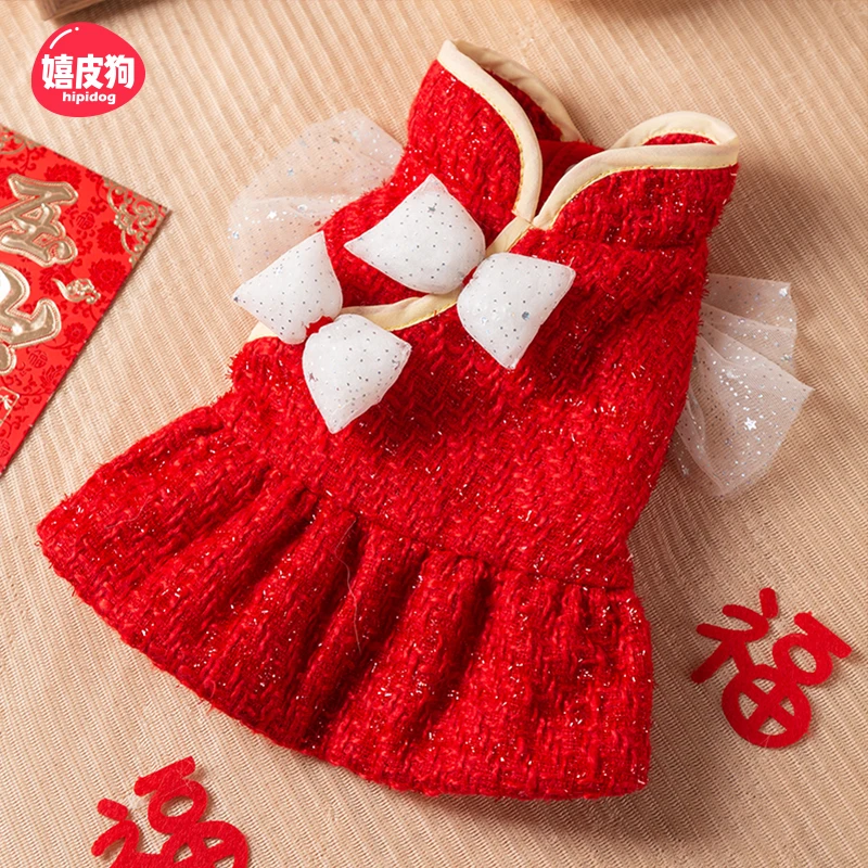 [达人]秋冬季小猫咪公主风连衣裙新年喜庆蝴蝶结裙子宠物衣服2577