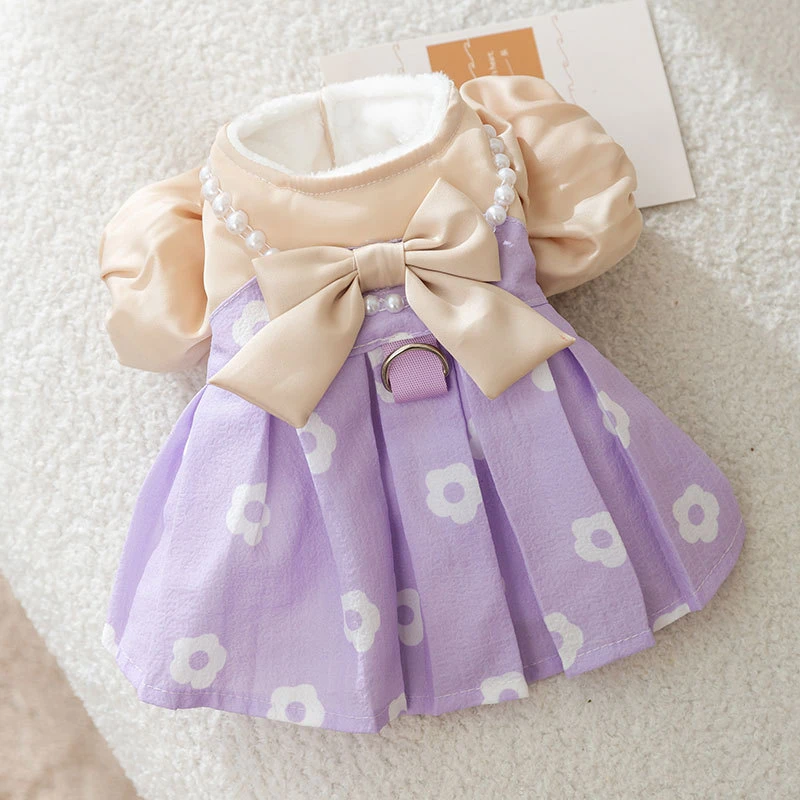 [达人]秋冬狗狗公主风撞色小花牵引棉衣裙子衣服宠物狗连衣裙1584