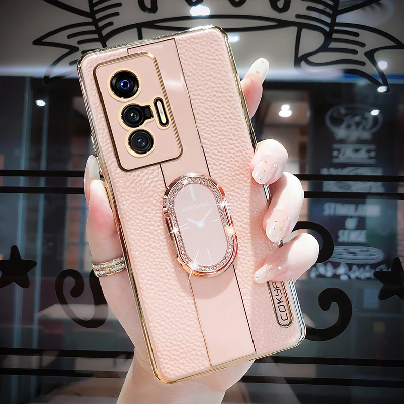 vivoX70手机壳X70pro新款镶钻指环套镜头防摔女款硅胶皮纹支架潮