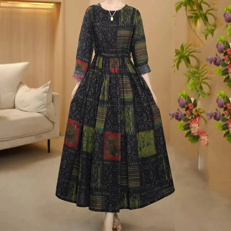 民族风棉麻连衣裙女长袖2024秋装新款圆领收腰宽松显瘦气质大摆裙