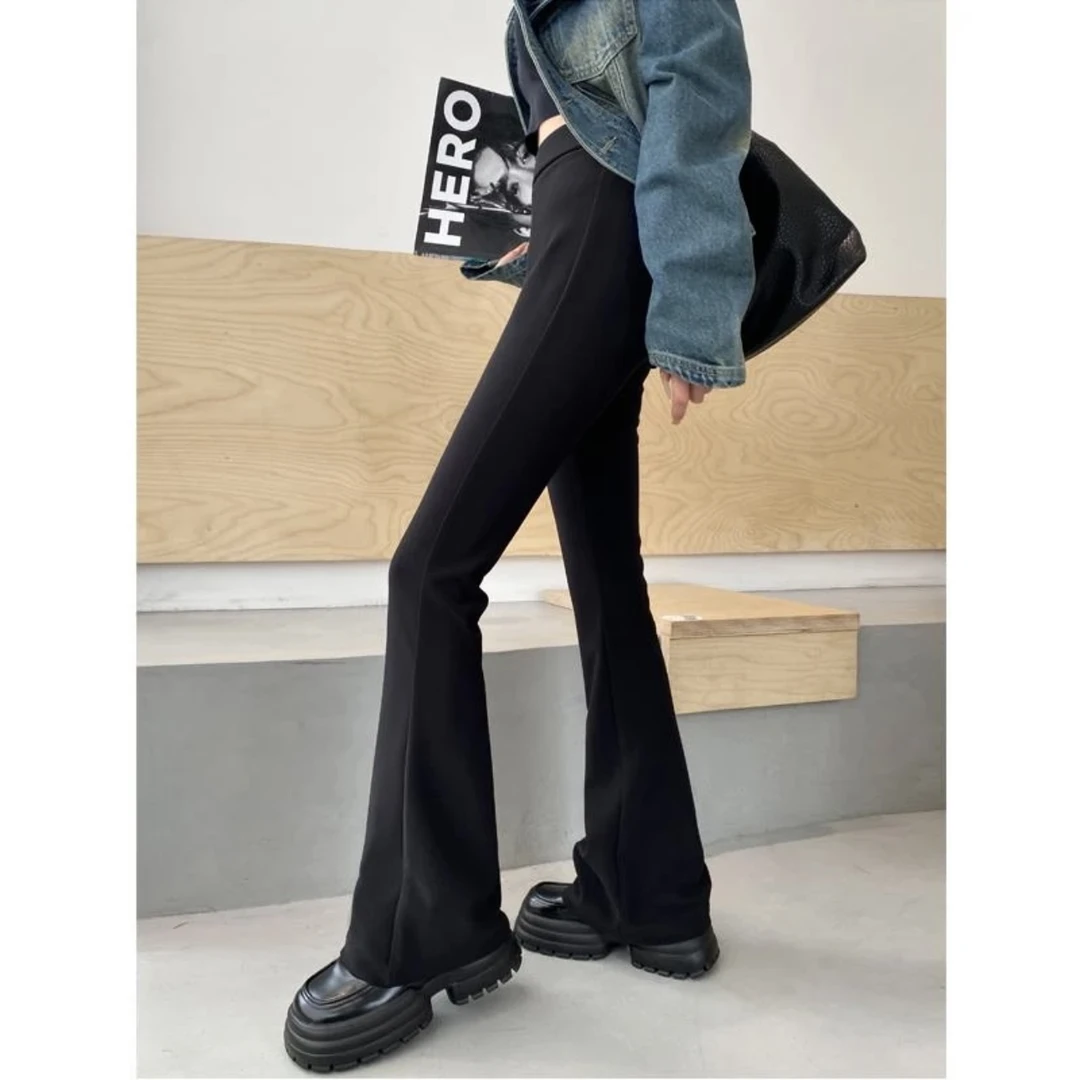 2024年时尚秋冬休闲喇叭裤微喇裤加绒显瘦保暖高弹修身微喇叭裤