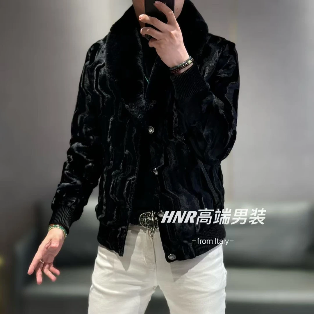 【鹅绒】獭兔毛领绵羊皮拼接青果领新款高端男士休闲羽绒服9186