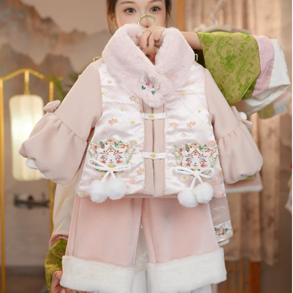 【泡泡袖套装】女童古风中国风加绒汉元素绣花两件套
