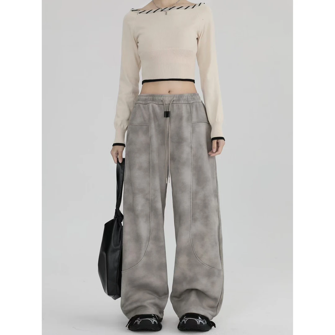 879 秋冬美式复古设计感扎染加绒高腰拖地脏脏裤  三楼 新