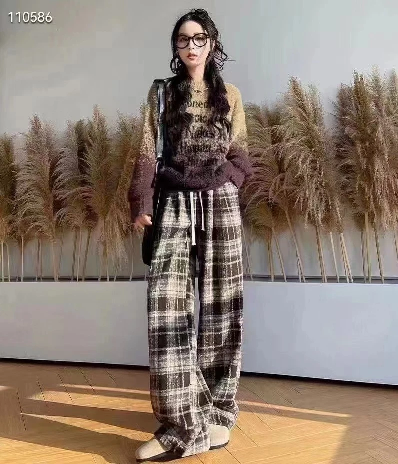 031 秋季新款格子呢加绒阔腿裤 F02 挂