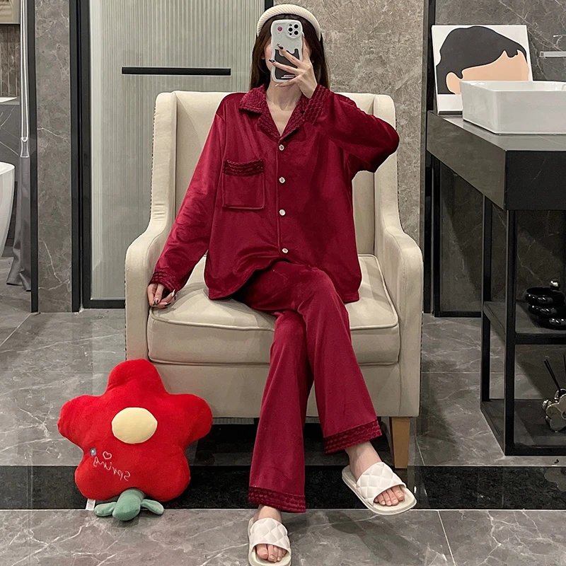 睡衣女秋冬季海岛绒加厚大码可外穿保暖珊瑚绒红色春秋家居服套装