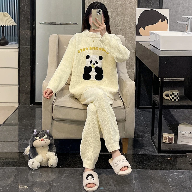 半边绒睡衣女秋冬季软绵绵加厚大码高级感珊瑚绒熊猫春家居服套装
