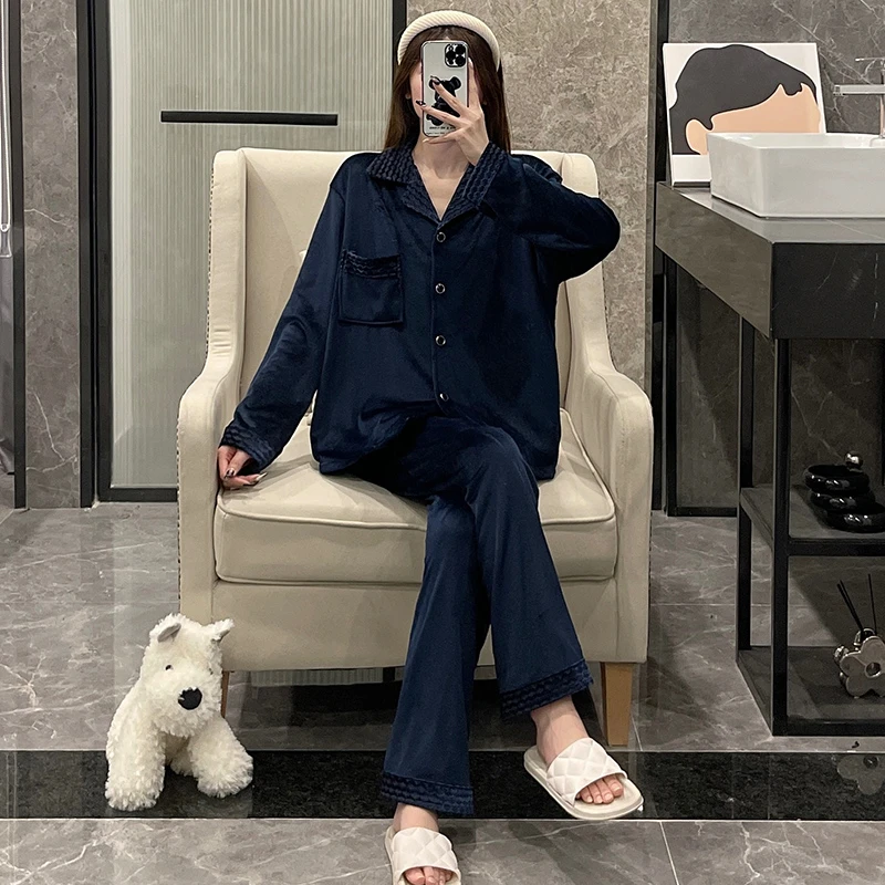 睡衣女秋冬季海岛绒加厚大码可外穿保暖珊瑚绒黑色春秋家居服套装