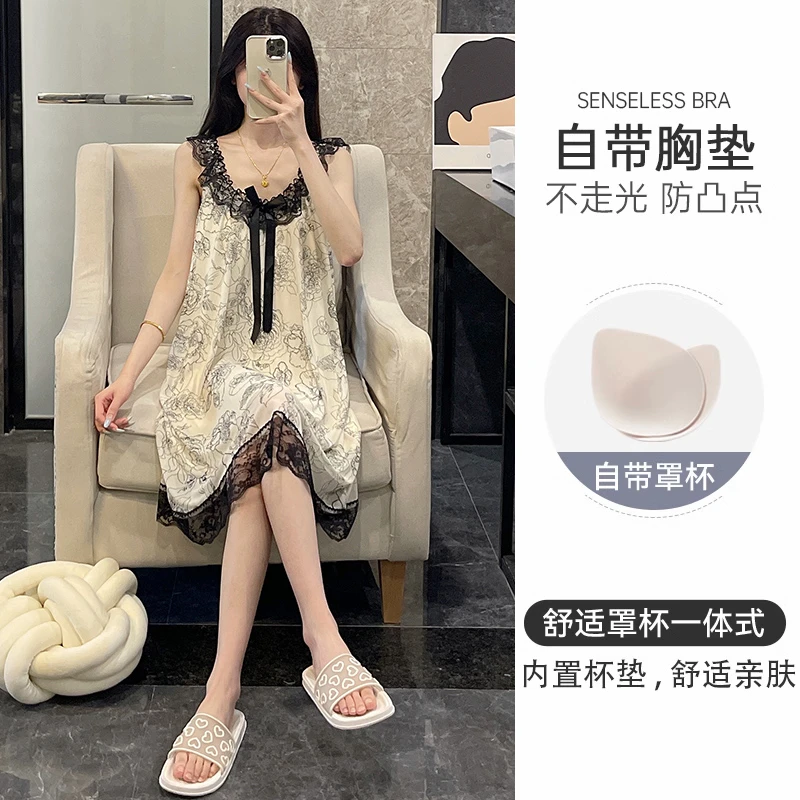 吊带睡裙女夏季睡衣网纱带胸垫2025新款可外穿薄款蕾丝爆款家居服