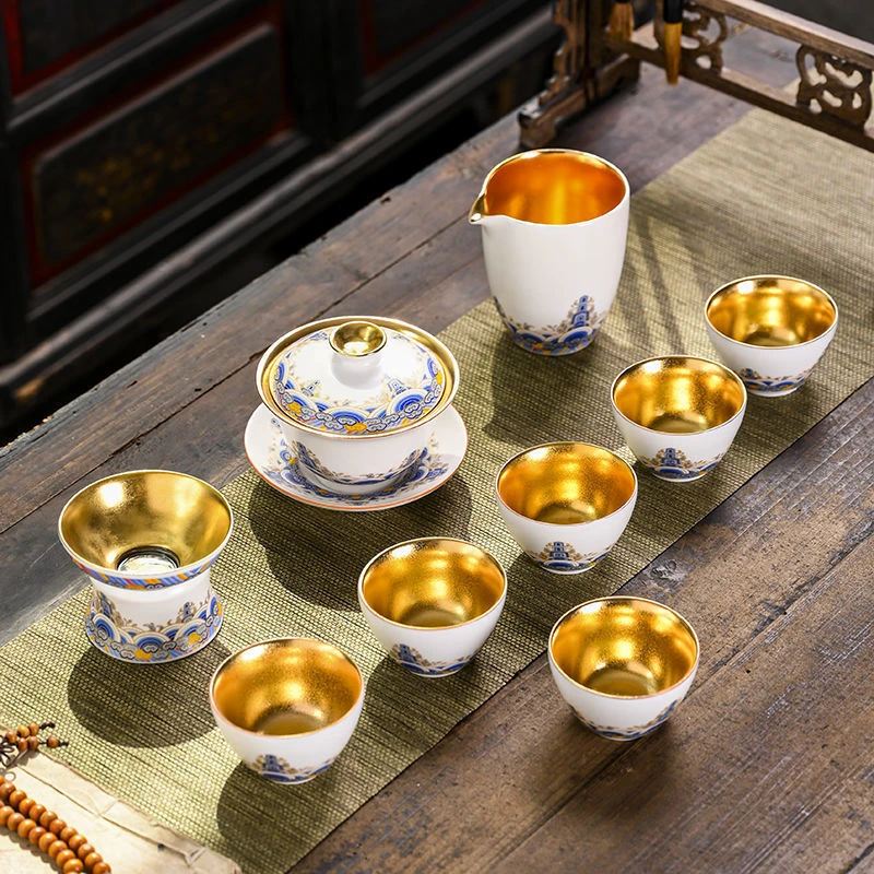 高档珐琅彩黄金功夫茶杯套装轻奢家用茶具礼盒装整套泡茶器具