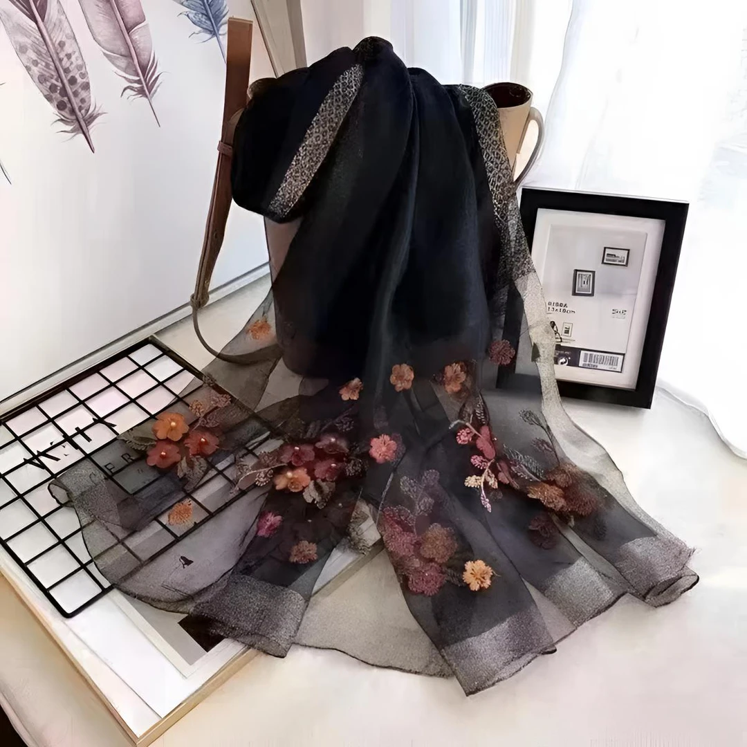 海棠花蚕丝羊毛黑色围巾绣花金丝长款百搭时尚红色灰色印花紫色