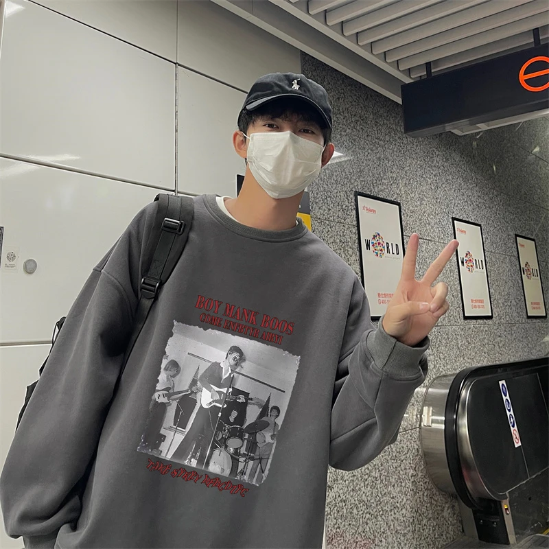 卫衣男圆领港风潮流百搭上衣冬季新款休闲帅气学生外套印花长袖