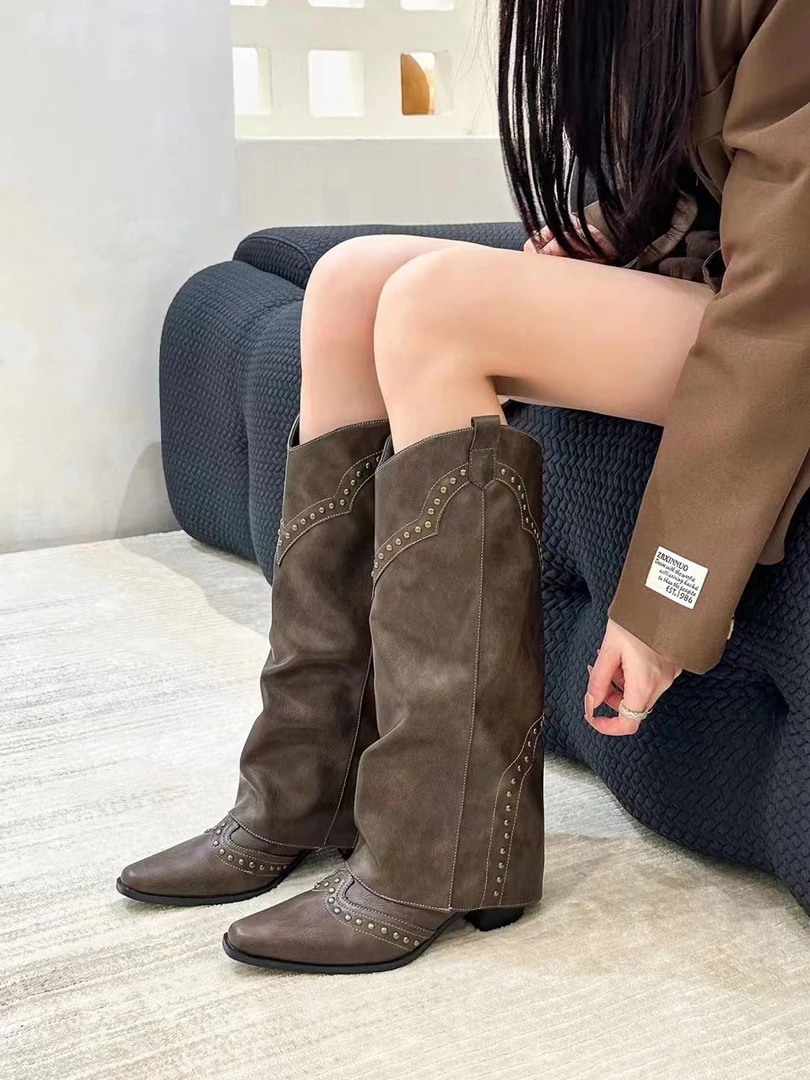 吉美时尚时尚百搭真皮粗跟高跟尖头方头瘦瘦靴复古靴子过膝