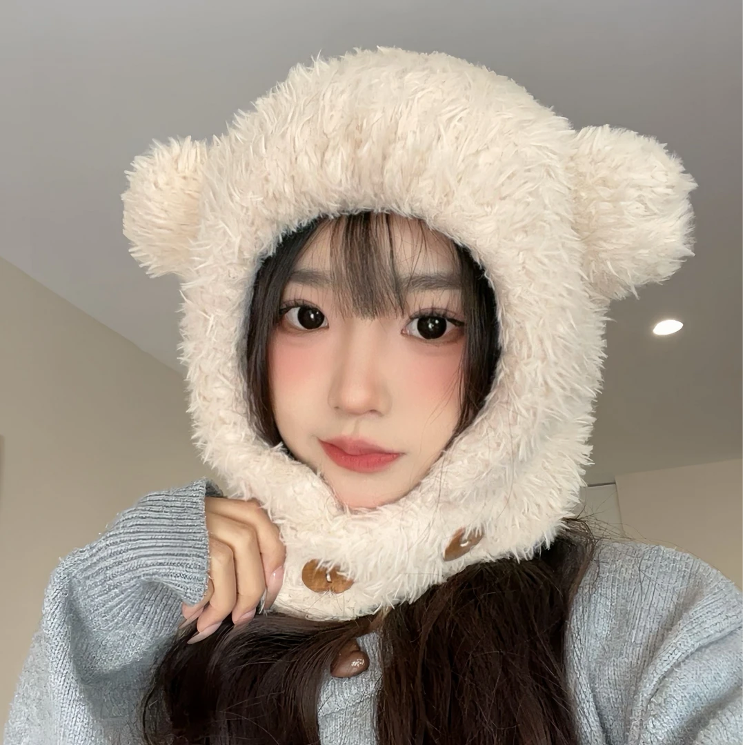 【巴拉克拉法帽】毛绒绒小熊针织帽子女秋冬季2024新款保暖护耳毛线