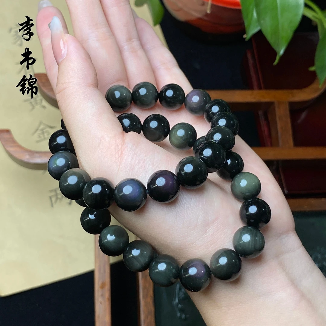 李书锦保真天然黑曜石手串卡12左右 M 高货 多样性发货