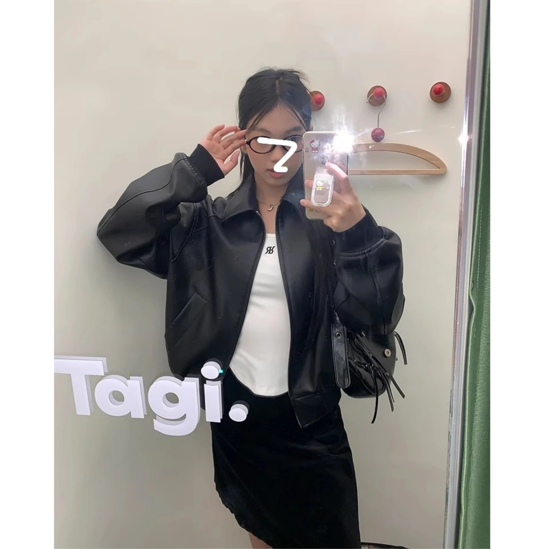 百搭黑色皮衣外套女款2024新款秋季高级感短款气质美拉德皮夹克女