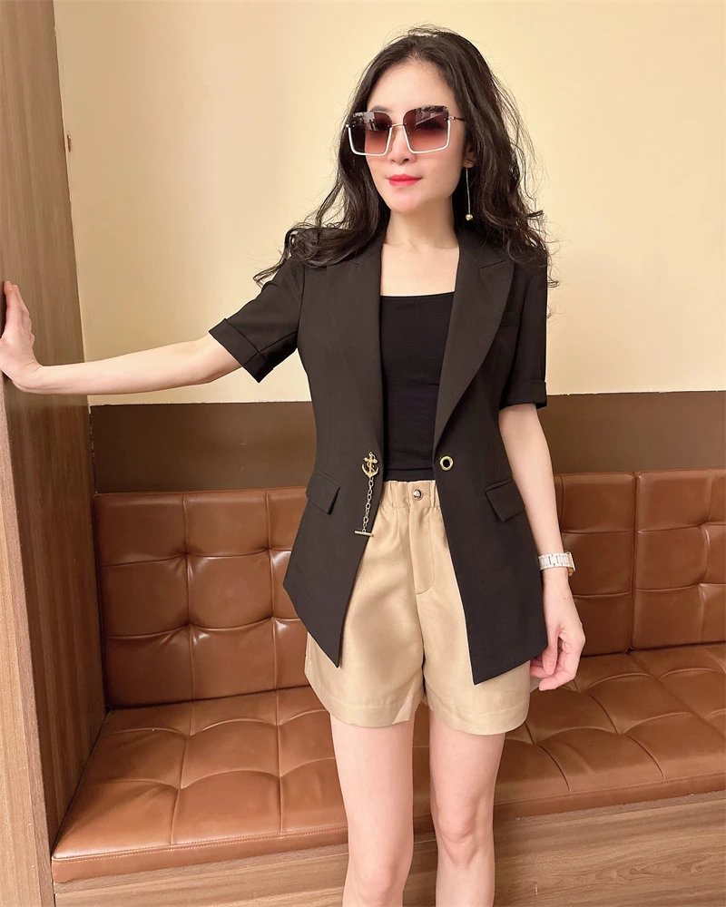 2024欧货时尚夏装溥料中长款金色链子扣短袖外套收身显瘦气质女袖