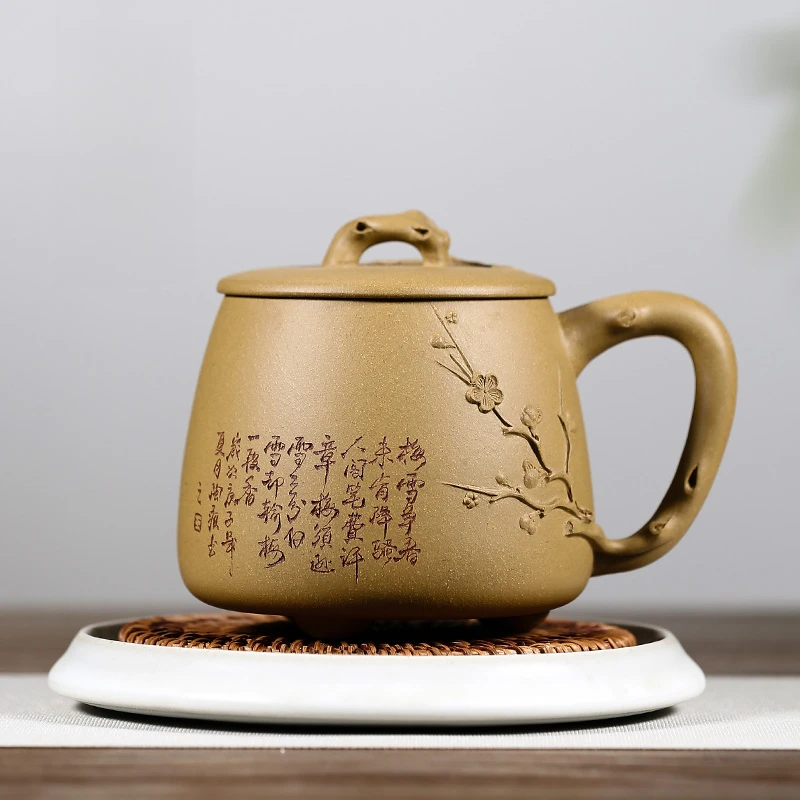 原矿名家手工段泥泡茶杯贴绘办公杯泡茶杯子段泥泥绘寒梅石瓢杯