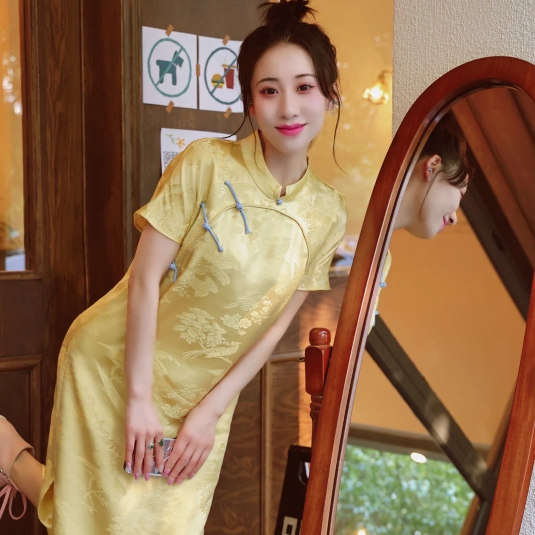 【囍番山·2024·夏季】天鹅黄·新中式夏季长款旗袍