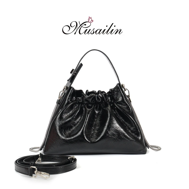 【高端定制】轻奢时尚褶皱手提包束口包正梯形斜跨包锁扣M-61865黑