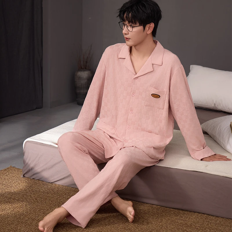 男士睡衣纯棉春秋季开衫长袖粉色高级感男士家居服套装可外穿秋季