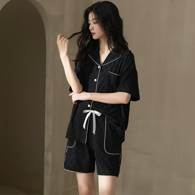 高端纯棉睡衣女夏季开衫薄款韩版小香风女生家居服短袖套装可外穿